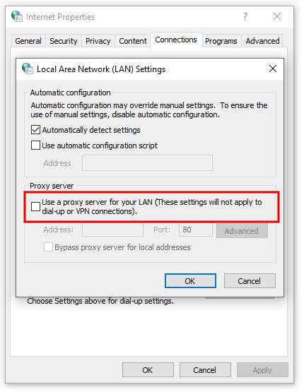 Uncheck the Use a proxy server for your LAN